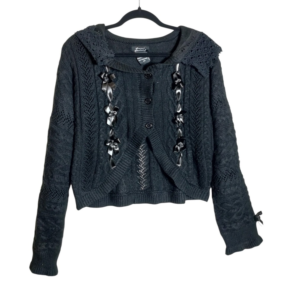 Sweet Society Black Cable Knit Ribbon Bow Lace Trim Hooded Cardigan Sweater LG